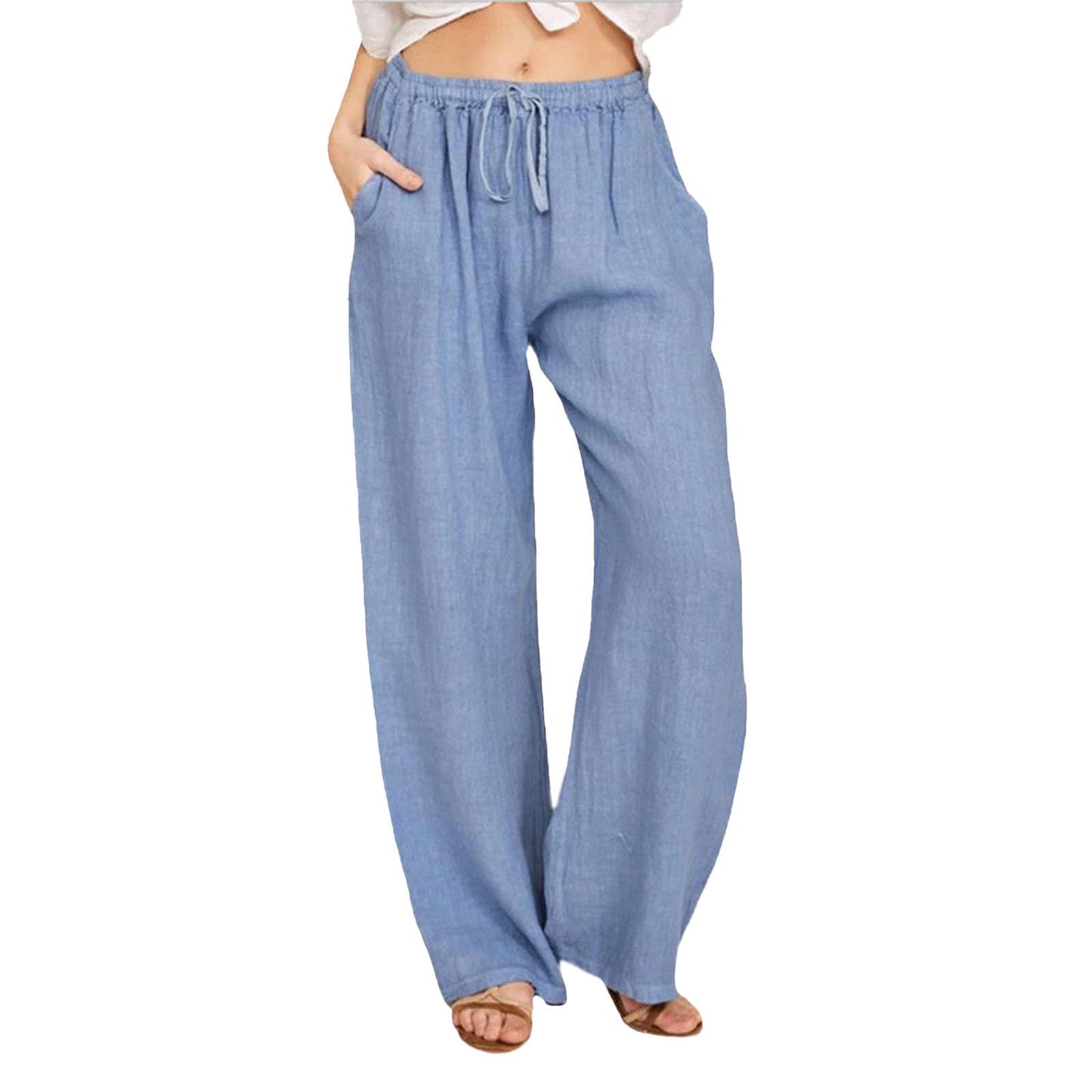 WAZZAP Women Pure Linen Wide Leg Pants High Waisted Drawstring Loose Trousers with Pockets for Summer