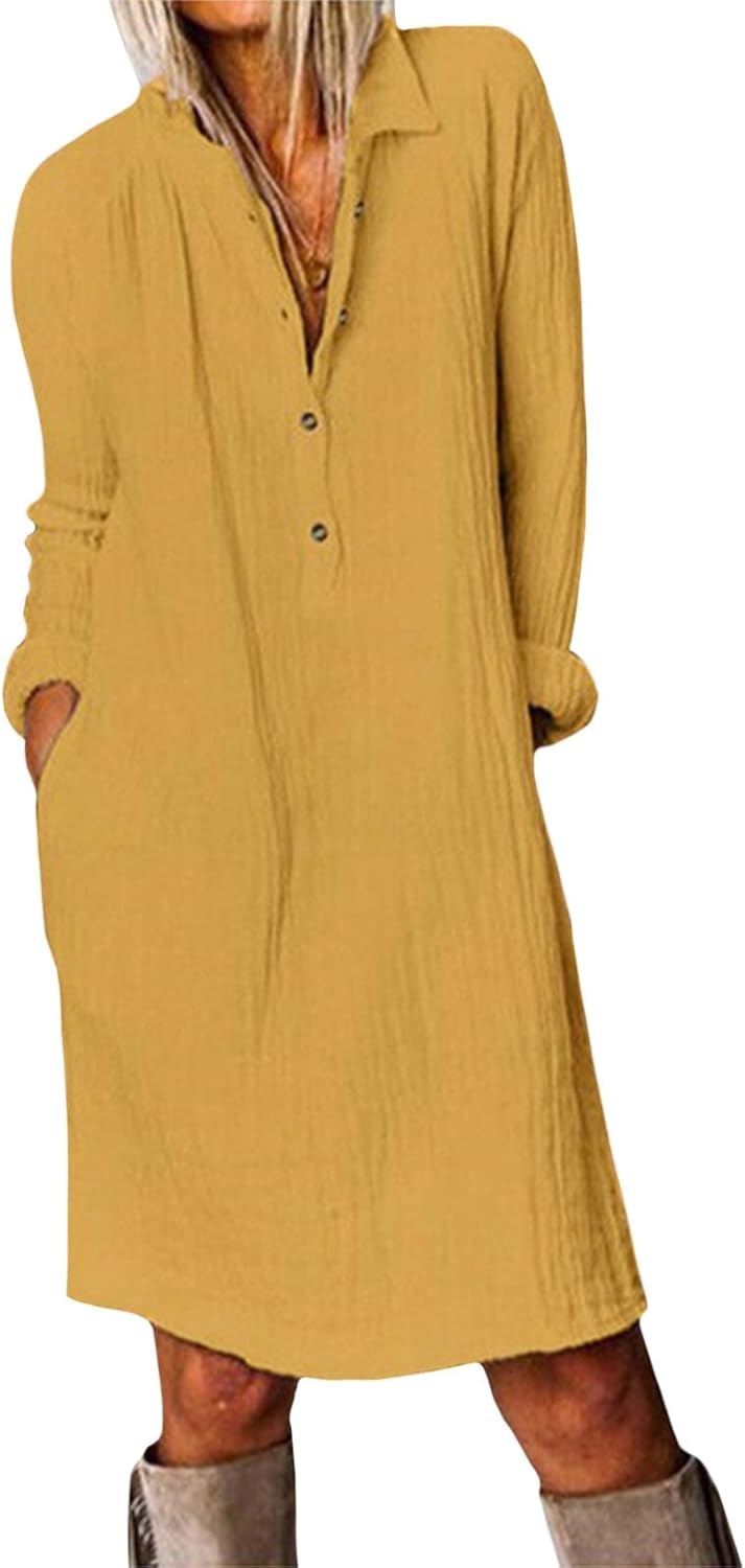 NAILONG Cotton Button Down Shirt Dress for Women Long Sleeve Midi Spring Summer Casual Loose Tshirt Dress with Pockets