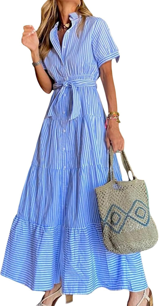 NAILONG Women's Striped Shirt Dress Button Down Vertical Stripes Tie Waist Short Sleeve Long Flowy Maxi Tiered Ruffle Dress