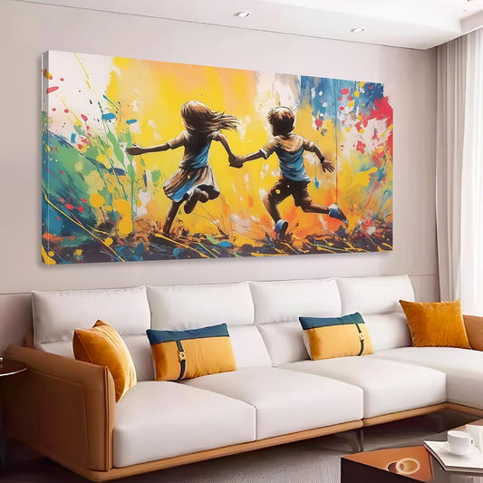 JiffPom Graffiti Running Boy Girl Canvas Wall Art, Banksy Canvas Print, Street Art Wall Decor, Colorful Kids Posters, Urban Graffiti Wall Art, Banksy Poster for Bedroom, Living Room (57"x28" | 146x72cm)