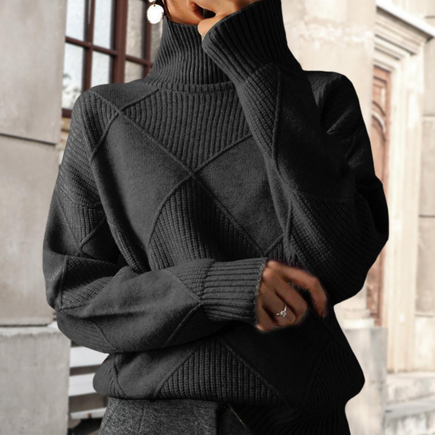 WAZZAP Sweaters for Women Fall Winter Turtleneck Long Sleeve Casual Loose Pullover Chunky Sweater Plus Size