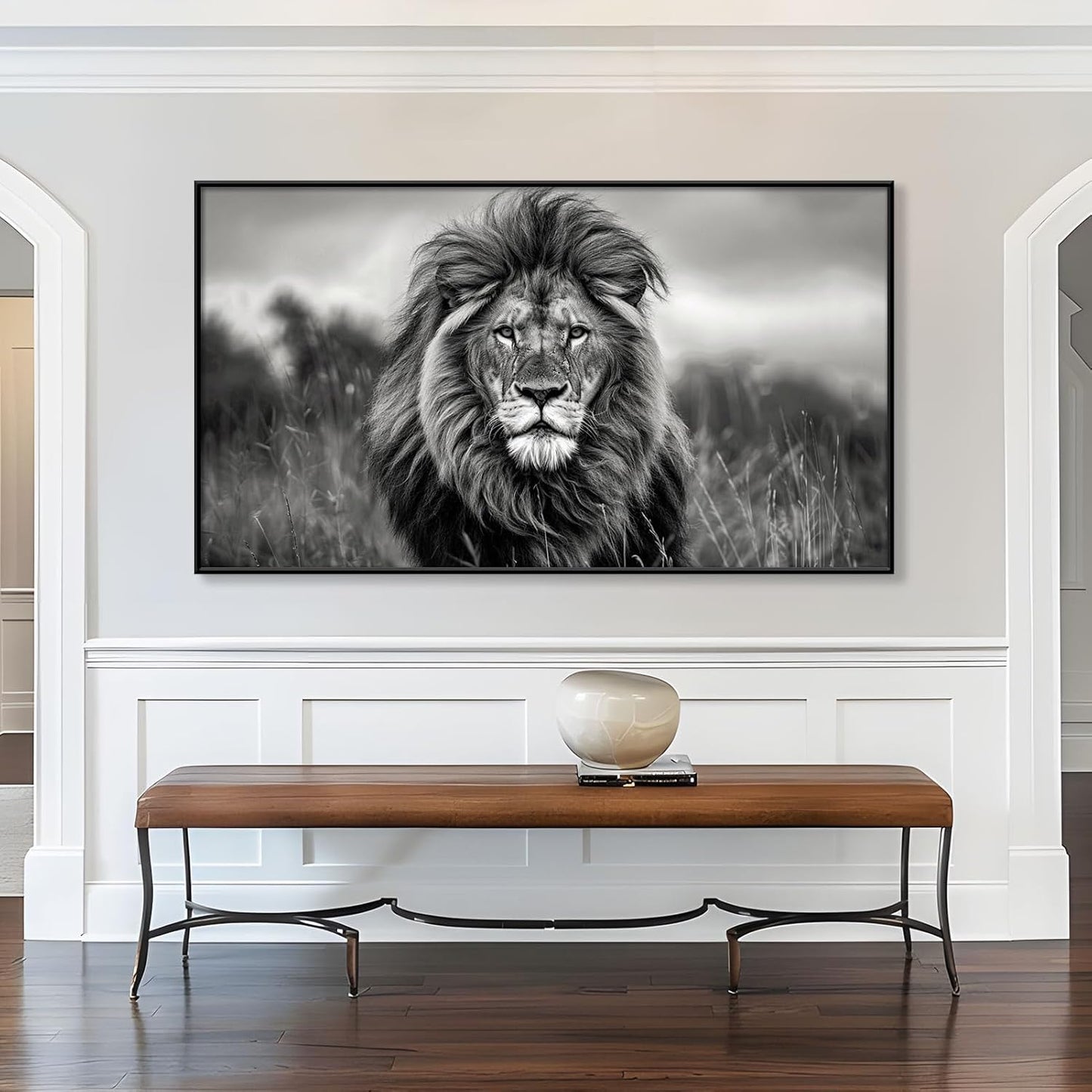 JiffPom Lion Canvas Wall Art, Lion Pictures Wall Decor, African Wildlife Canvas Wall Art, Animal Posters, Black And White Art Prints, Farmhouse Decor, Home Decor Living Room (Black Framed, 48"x27"|122x68cm)
