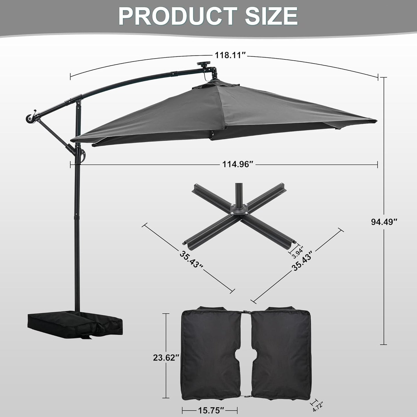 JiffPom 10ft Cantilever Patio Umbrella with Lights, Hanging Offset Market Outdoor Sun Shade for Backyard,Deck,Poolside,Black