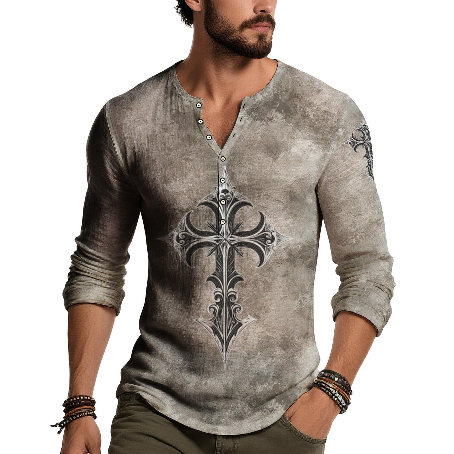 JiffPom Distressed Henley Tshirts for Men Pullover Long Sleeve Button Up T-Shirts Vintage Graphic Tees Washed Streetwear Tops