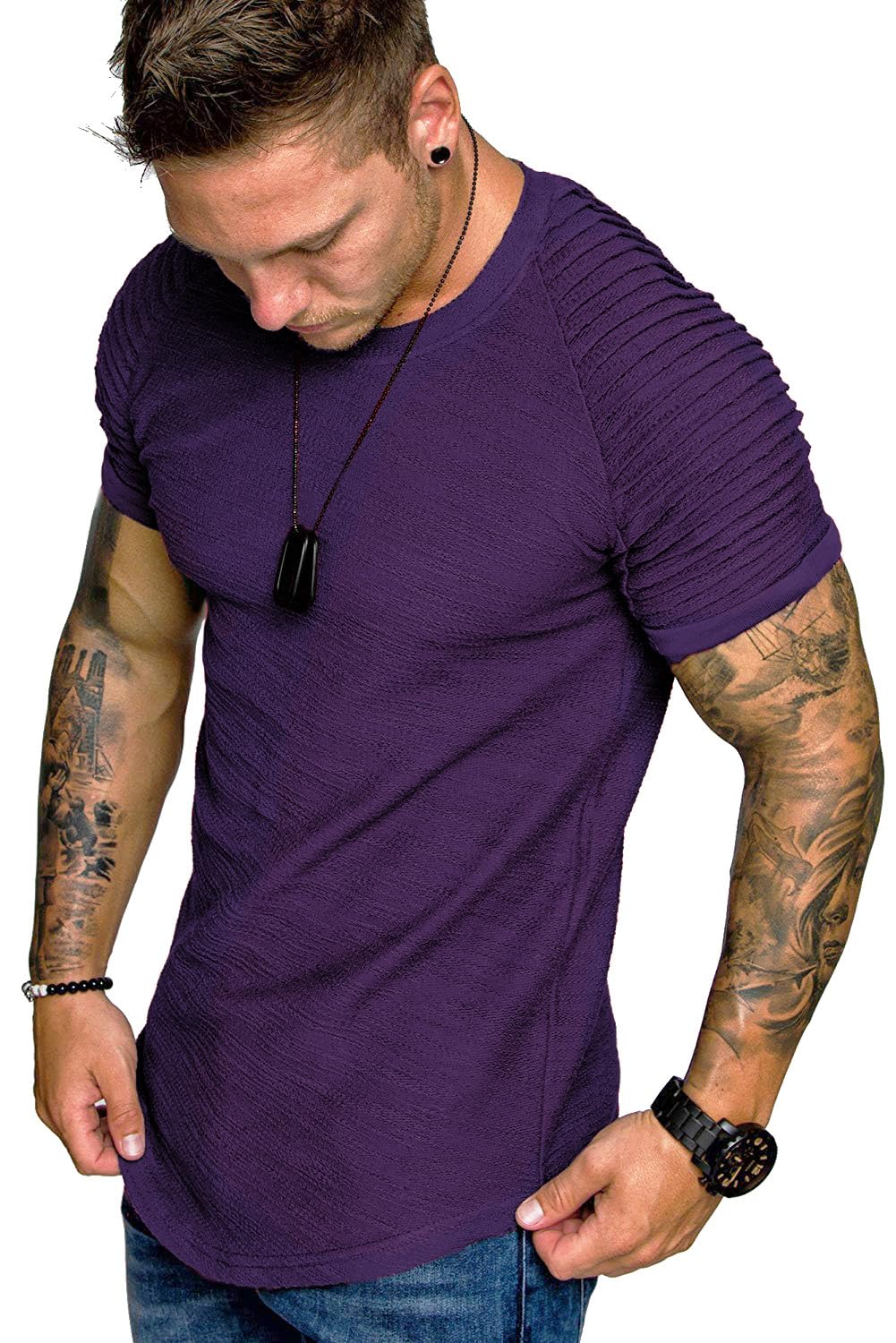 TOFOX Men's Muscle T-Shirt Pleated Raglan Sleeve Bodybuilding Gym Tee Short Sleeve Fashion Workout Shirts Hipster Shirt