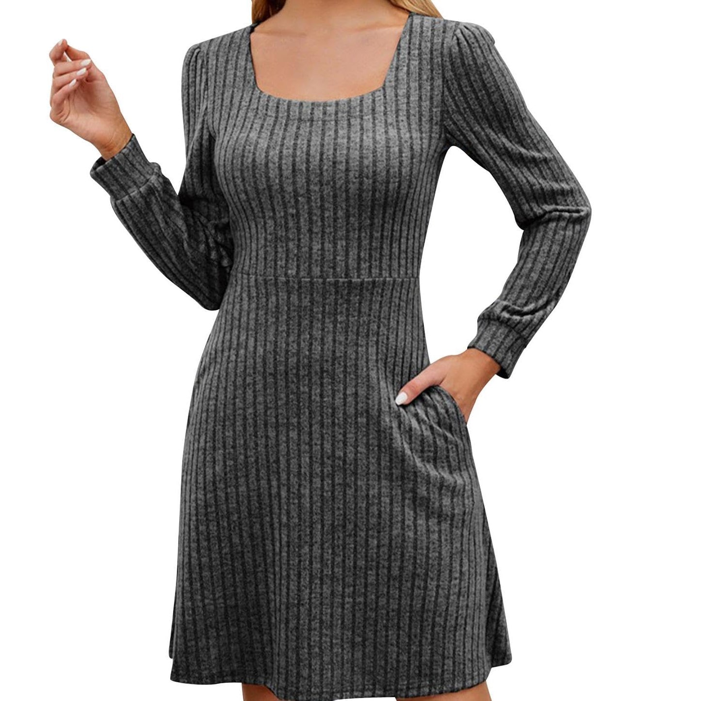 GYMDOG Women Dress for Summer Spring with Square Neck Casual Midi Polyester Skirt Solid Stripes Classic Dresses