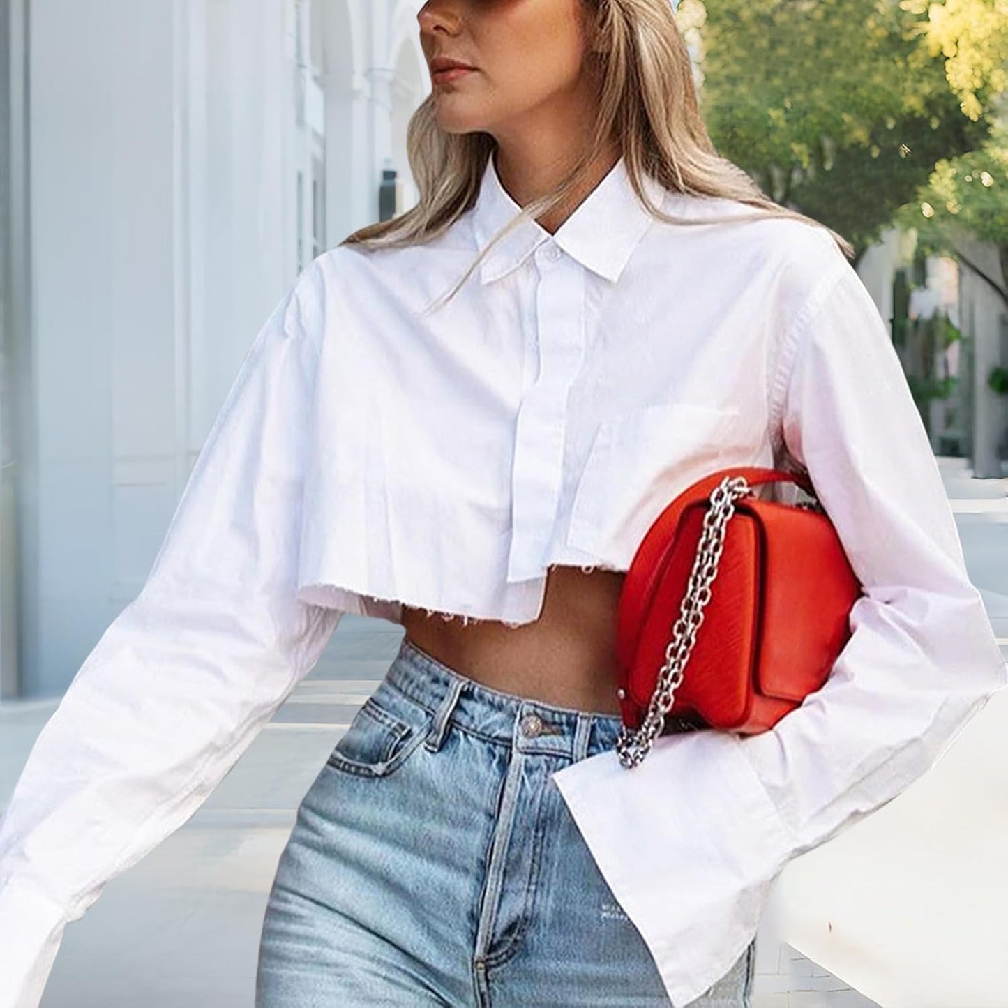 Reigee Women‘s Cropped Button Down Shirt, Short Waisted Collared Crop Tops Asymmetrical Hem Long Sleeve Streetwear Blouse