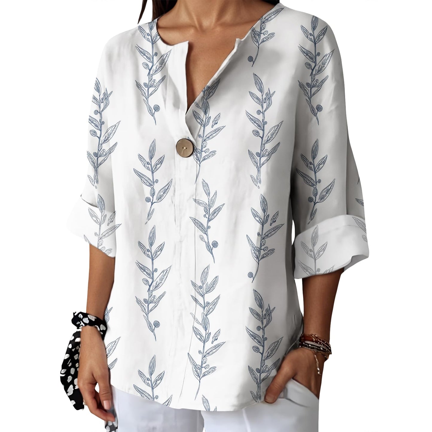 Befox Womens Spring Tops Business Vintage 3/4 Sleeve Boho Button Tunic Linen Blend Floral Printed V-Neck Summer T Shirts