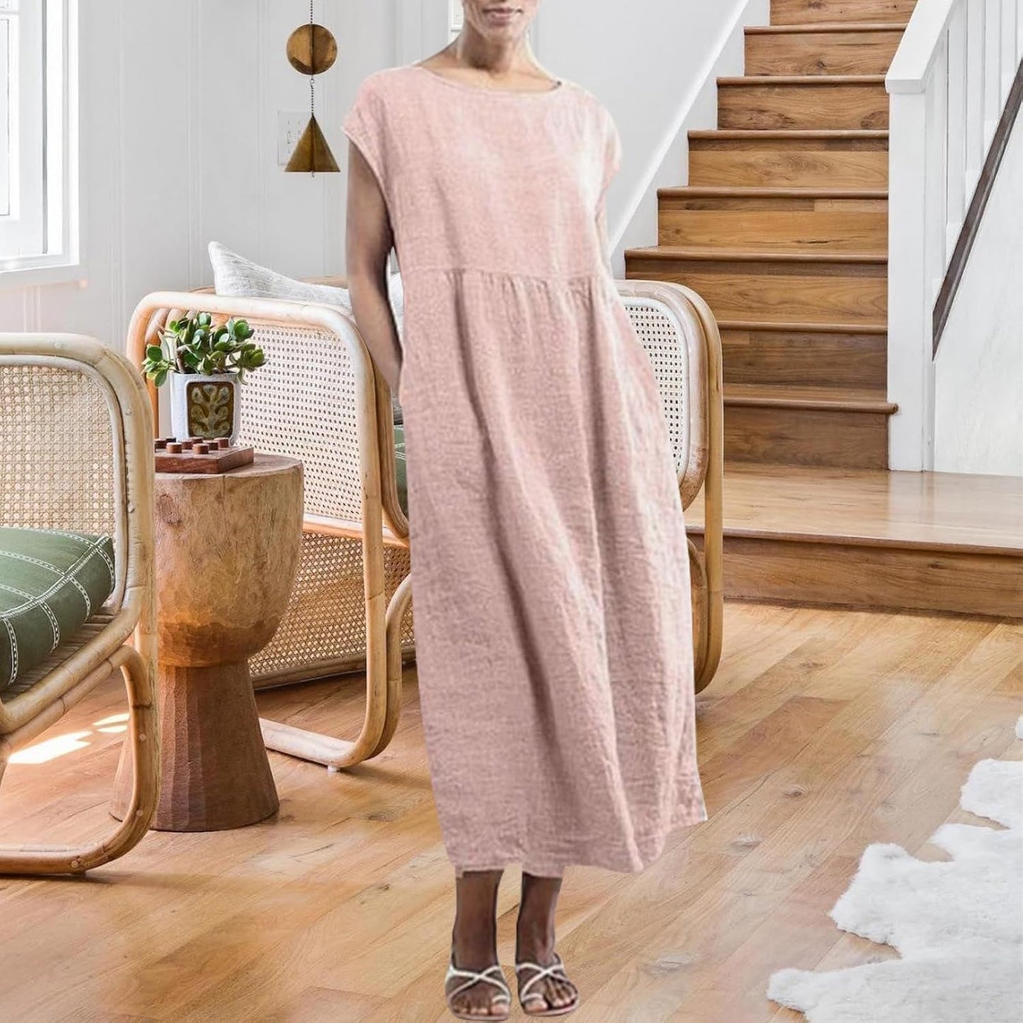 gukoo Cotton Linen Dress for Women Short Sleeve Casual Crew Neck Loose Maxi Summer 2026 Beach Vacation Dress with Pockets