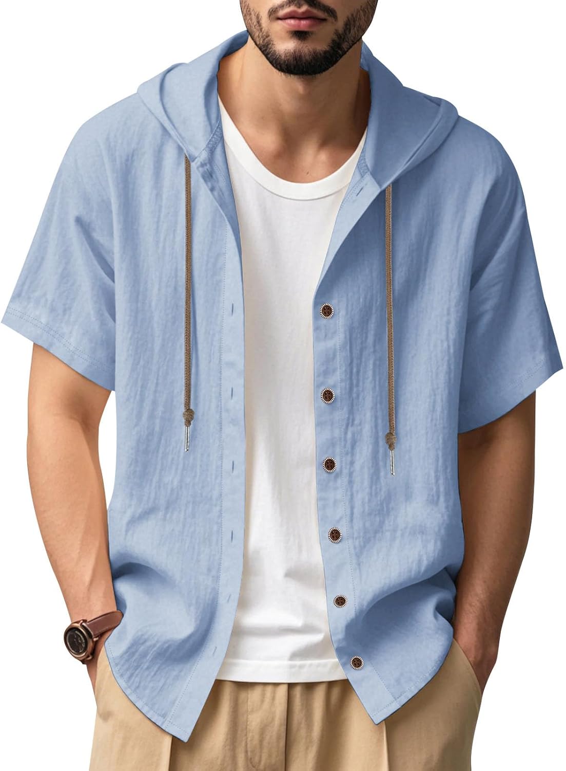 JiffPom Mens Shirts Solid Color Linen Short Sleeve Casual Loose Fit Button Down Shirts with Hoodies Summer Beach Tops