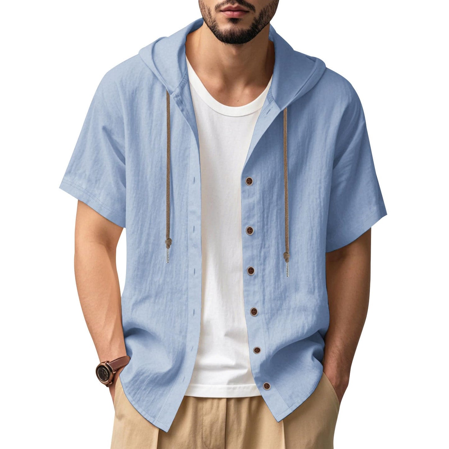 JiffPom Mens Shirts Solid Color Linen Short Sleeve Casual Loose Fit Button Down Shirts with Hoodies Summer Beach Tops