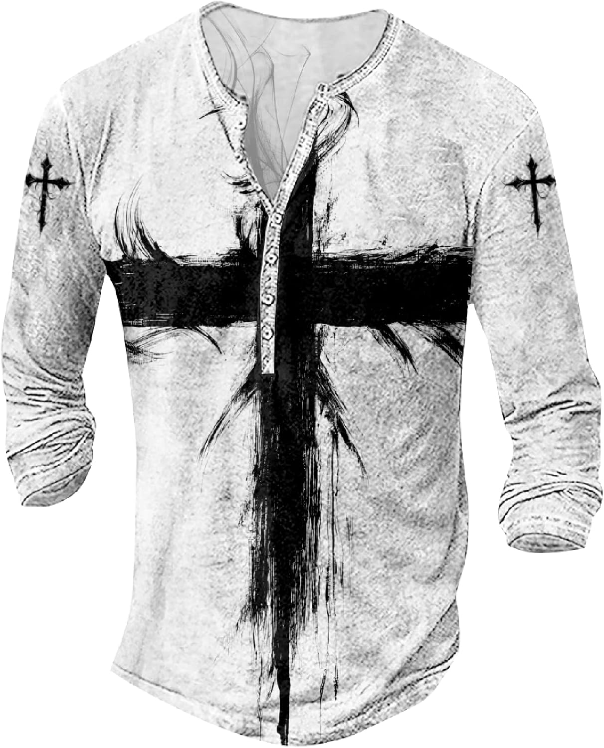 JiffPom Mens Christian Faith Long Sleeves Silky Henley Shirt Cool Jesus Cross Print Casual Button Down Polo Shirts