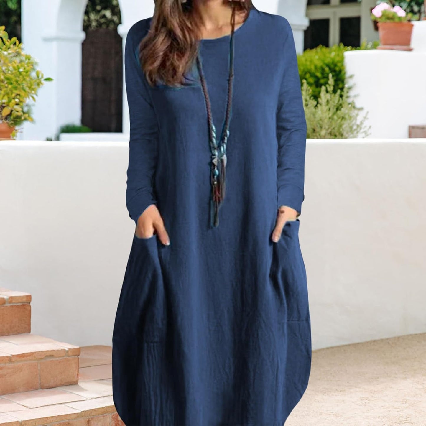 Gymrex Summer Linen Tunic Dress for Women,Long Sleeve Loose Casual Crew Neck Midi Linen Shirt Plus Size Dress with Pockets