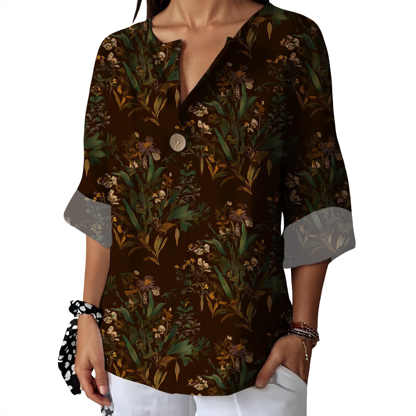 Befox Womens Spring Tops Business Vintage 3/4 Sleeve Boho Button Tunic Linen Blend Floral Printed V-Neck Summer T Shirts