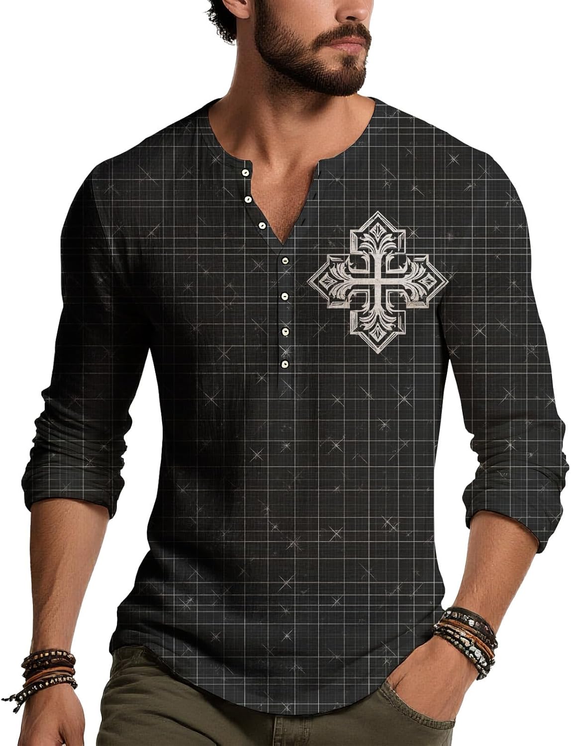 JiffPom Distressed Henley Tshirts for Men Pullover Long Sleeve Button Up T-Shirts Vintage Graphic Tees Washed Streetwear Tops