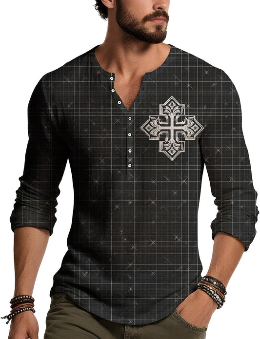 JiffPom Distressed Henley Tshirts for Men Pullover Long Sleeve Button Up T-Shirts Vintage Graphic Tees Washed Streetwear Tops
