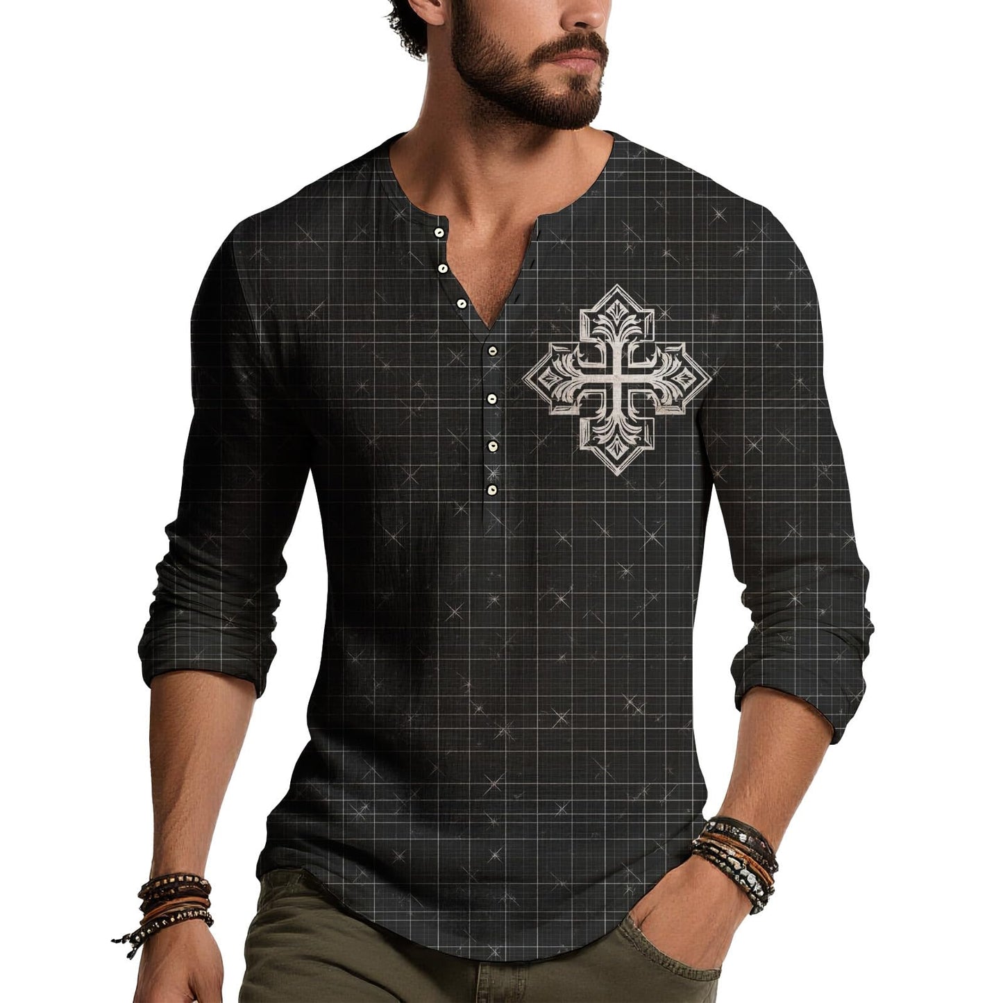 JiffPom Distressed Henley Tshirts for Men Pullover Long Sleeve Button Up T-Shirts Vintage Graphic Tees Washed Streetwear Tops