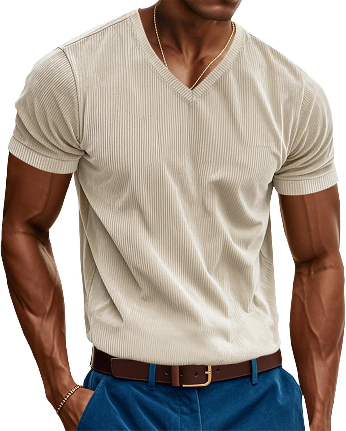 Reigee Slim Fit T Shirts for Men 2025 Spring V Neck Short Sleeve Ribbed Knit Corduroy Shirts Solid Casual Business Tops