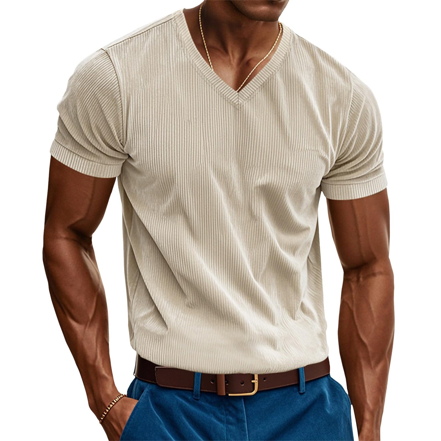 Reigee Slim Fit T Shirts for Men 2025 Spring V Neck Short Sleeve Ribbed Knit Corduroy Shirts Solid Casual Business Tops