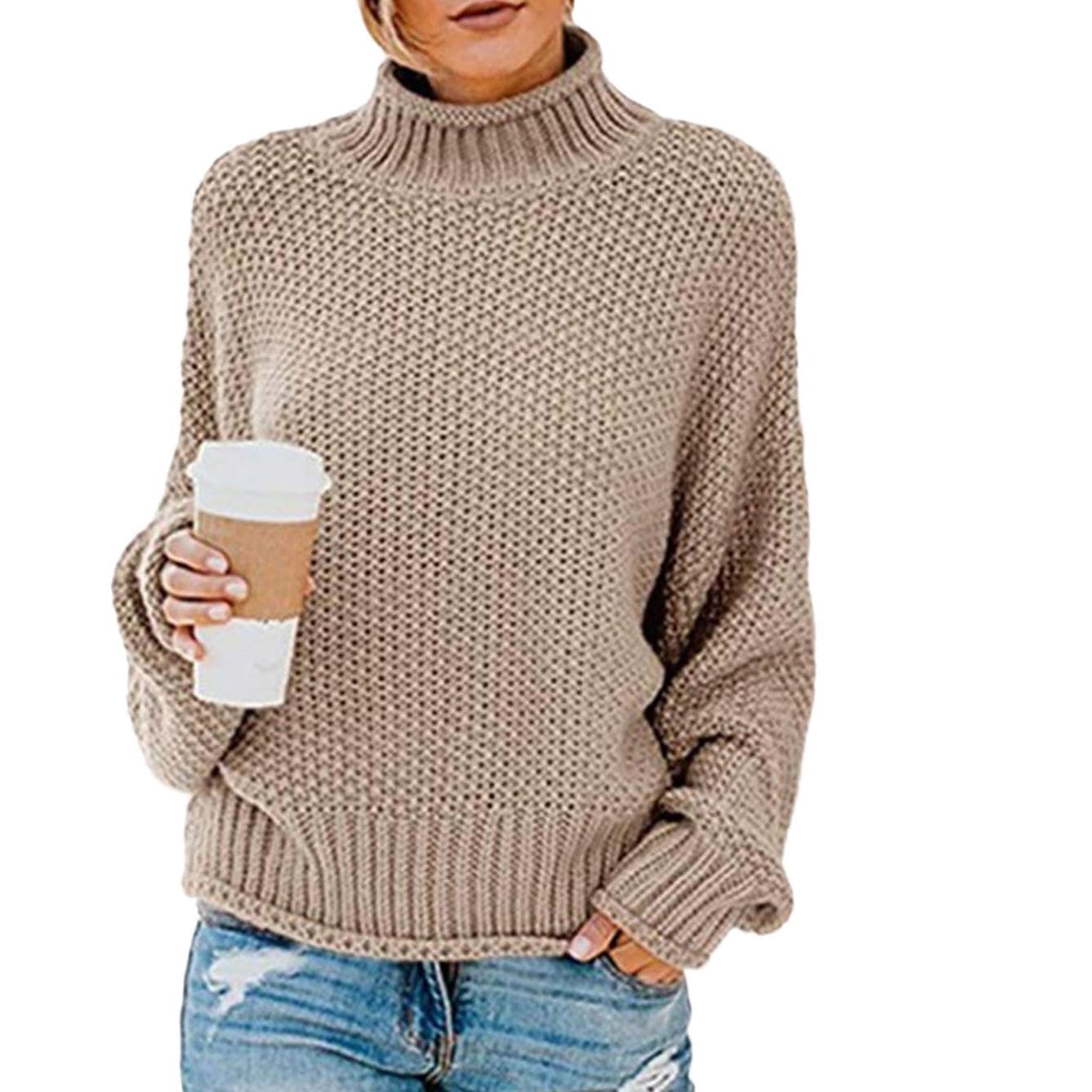 WAZZAP Women Sweater for Autumn Winter Casual Trendy Lightweight Tops Long Cuffed Sleeve Mock Neck Sweater