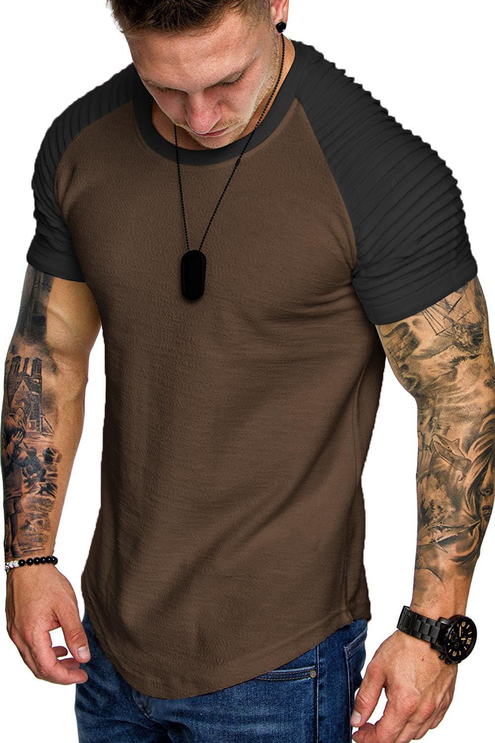 TOFOX Men's Muscle T-Shirt Pleated Raglan Sleeve Bodybuilding Gym Tee Short Sleeve Fashion Workout Shirts Hipster Shirt