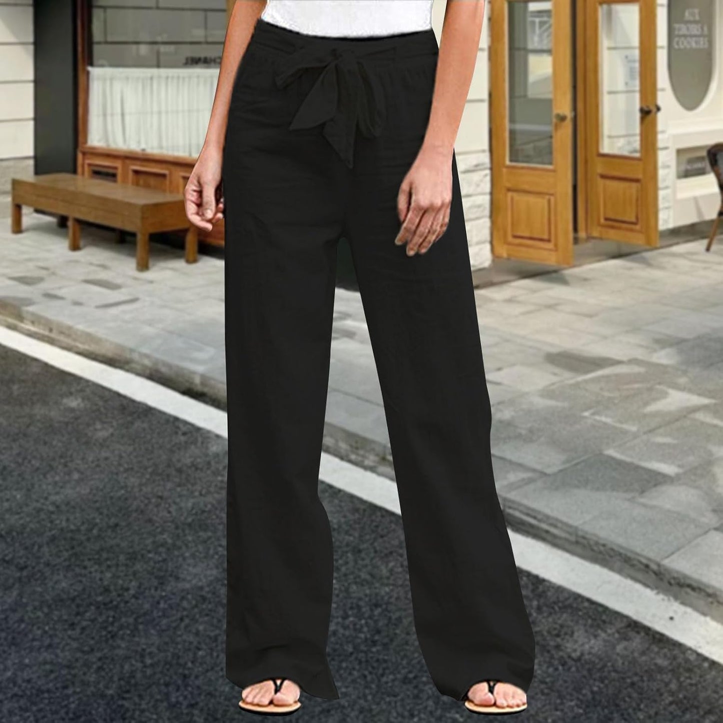 GYMBULL Womens Cotton Linen Summer Pants Tie High Waisted Casual Straight Leg Pants Dressy Palazzo Soft Trousers with Pockets