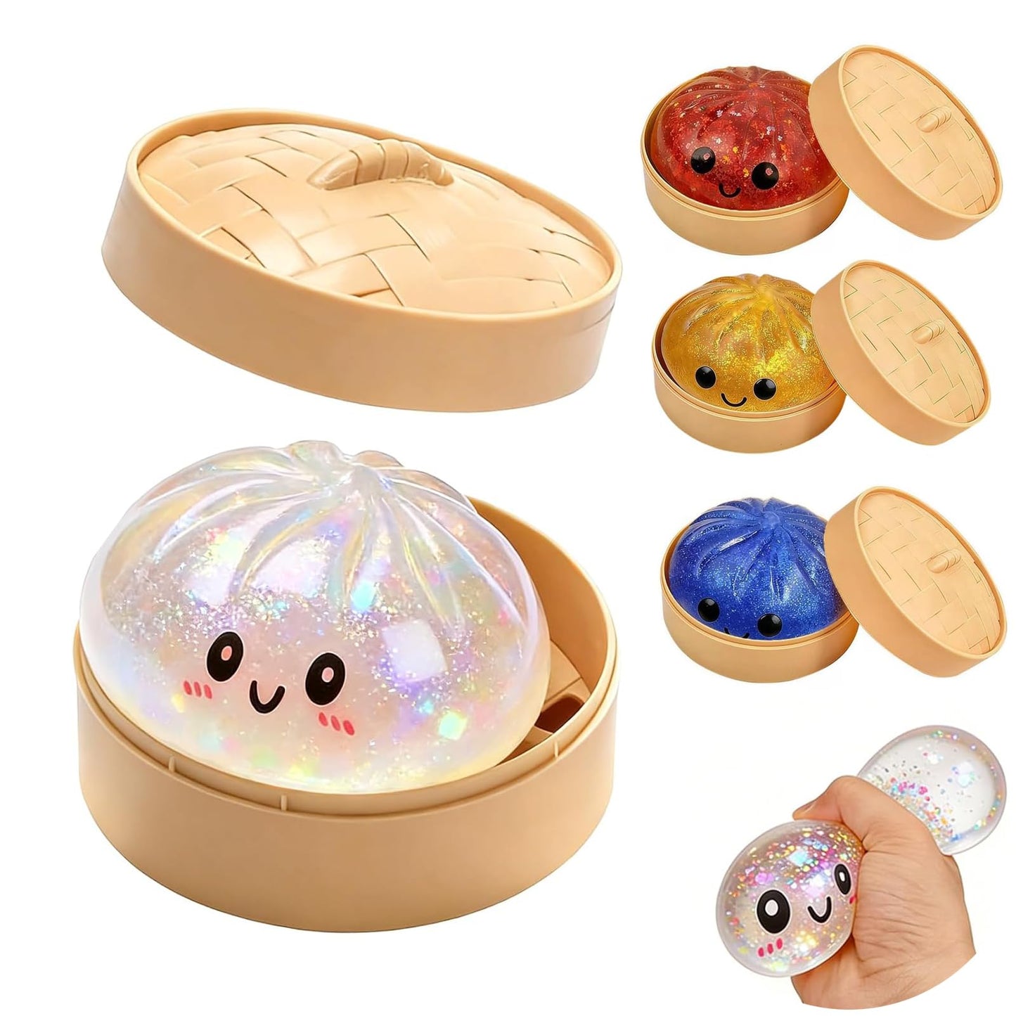 Kribee Glitter Dumpling Squishy-Giant Dumpling Squishy Fidget Toy with Steamer Case,Mega Rainbow Slow-Rising Sensory Decompression Toy, Thermoplastic Rubber, Stress Relief for Adults (Red)