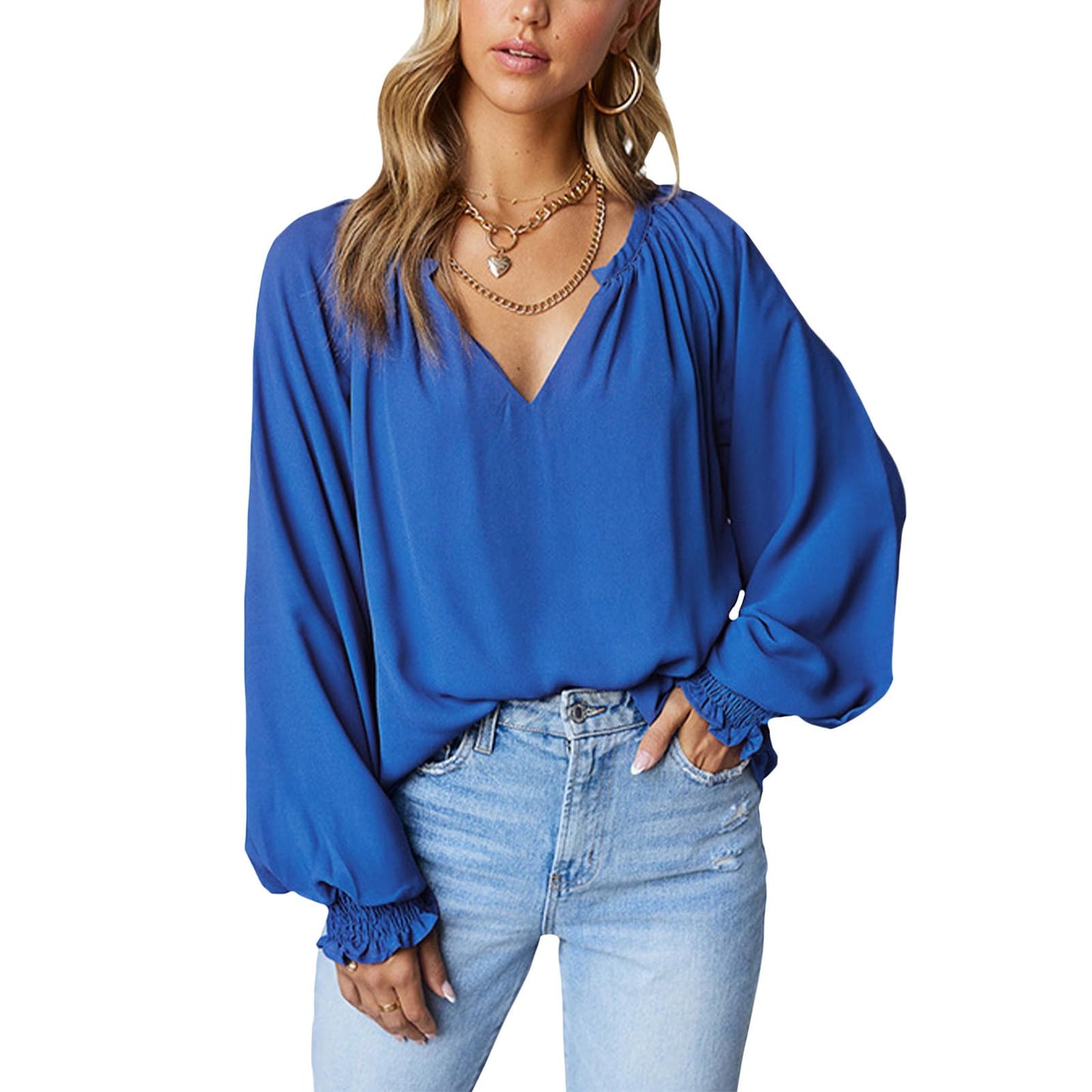 Gymrex Pleated Tops for Women - Lantern Sleeve Top V Neck Pleated Blouse Spring 2026 Trendy Long Sleeve Plus Size Shirt
