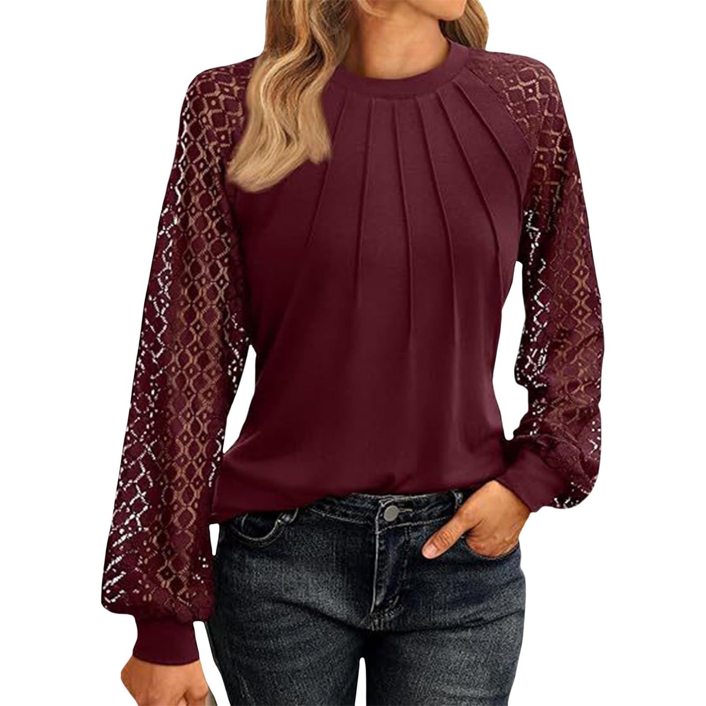 GYMBULL Lace Sleeve Tops for Women Pleated Crew Neck Shirt Dressy Casual Spring Fall Fashion 2026 Trendy Pleated Blouse