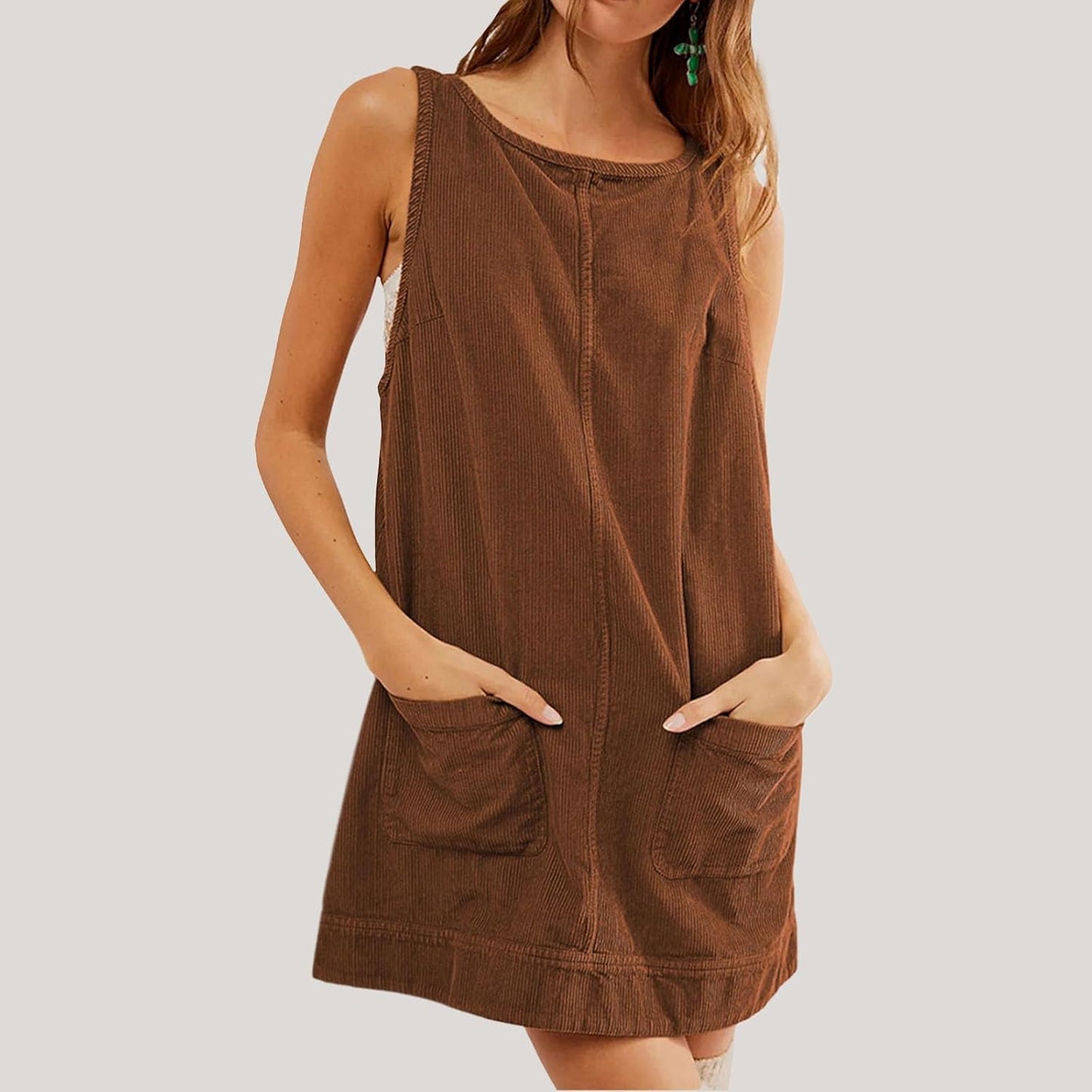 GYMDOG Casual Dresses for Women Corduroy Crewneck Tunic Sleeveless Pleated Loose Fit Work Mini Dress with Pockets