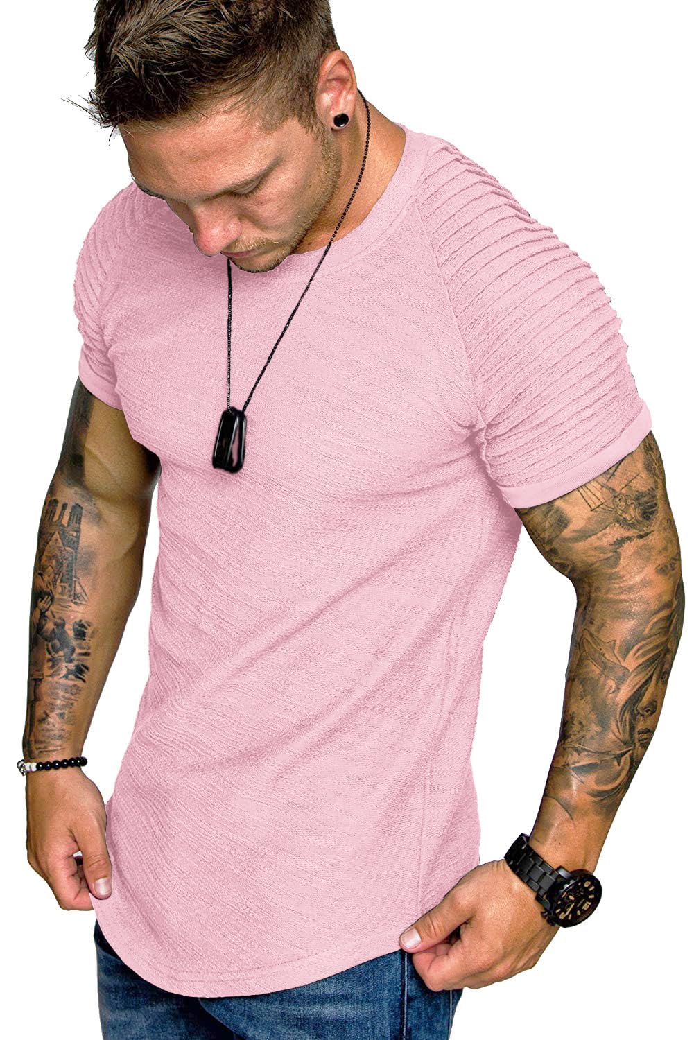 TOFOX Men's Muscle T-Shirt Pleated Raglan Sleeve Bodybuilding Gym Tee Short Sleeve Fashion Workout Shirts Hipster Shirt