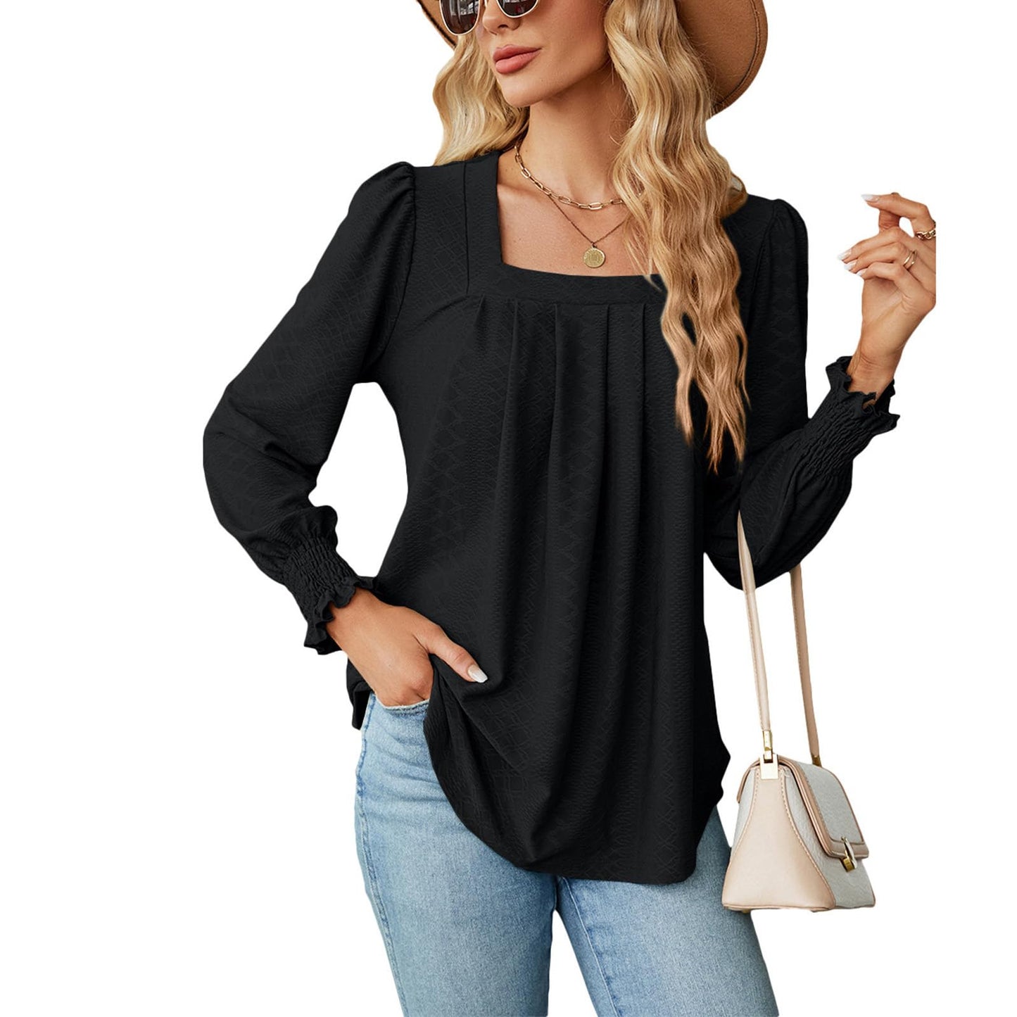 Befox Square Neck Pleated Tops for Women, Flowy Tunic Blouse Puff Sleeve Lightweight Loose Dressy Casual Pleated Shirt
