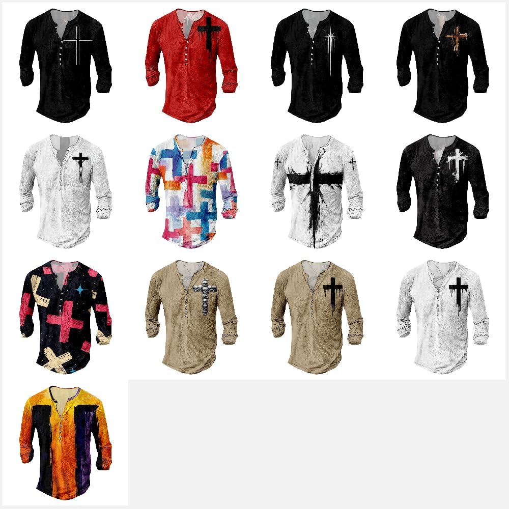 JiffPom Mens Christian Faith Long Sleeves Silky Henley Shirt Cool Jesus Cross Print Casual Button Down Polo Shirts