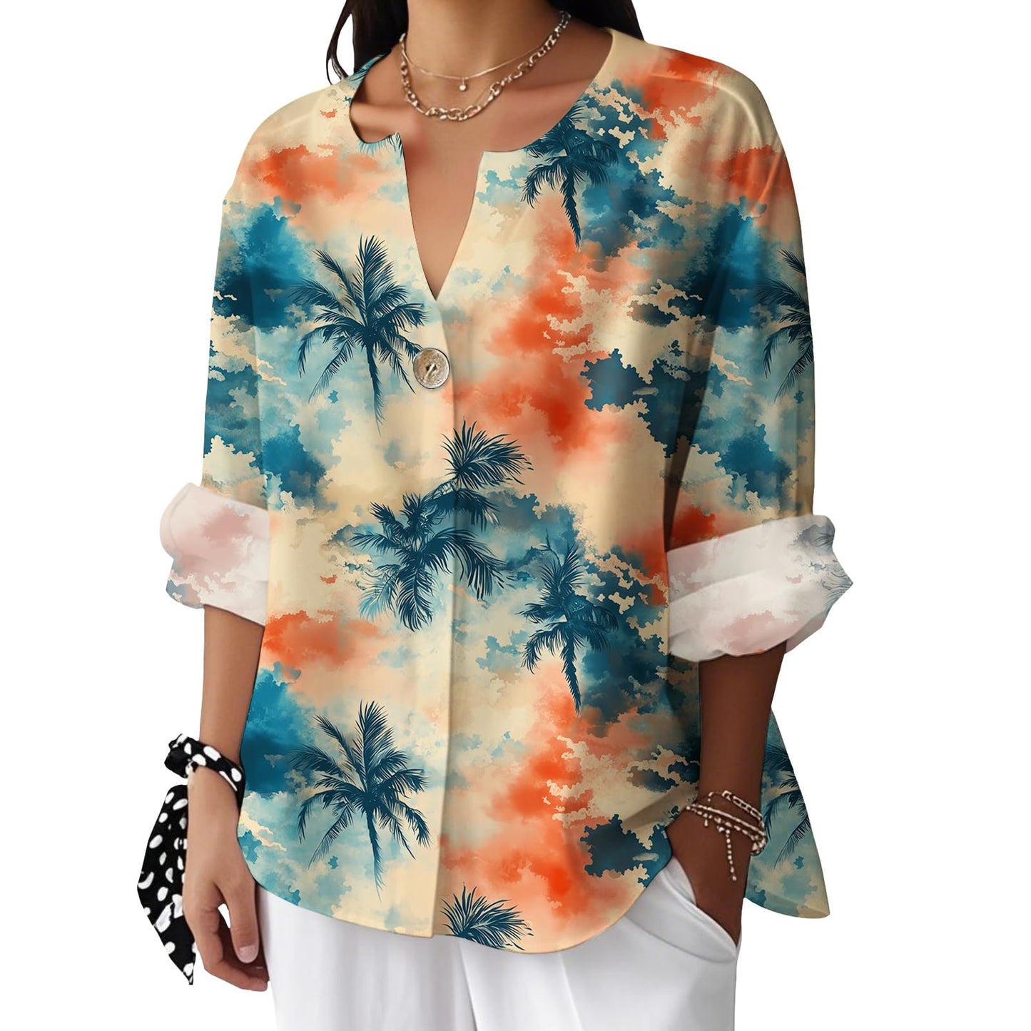 Reigee Hawaiian Shirts for Women 3/4 Sleeve Linen Shirts Floral Print Button V Neck Casual Loose Summer Graphic Tops Blouse