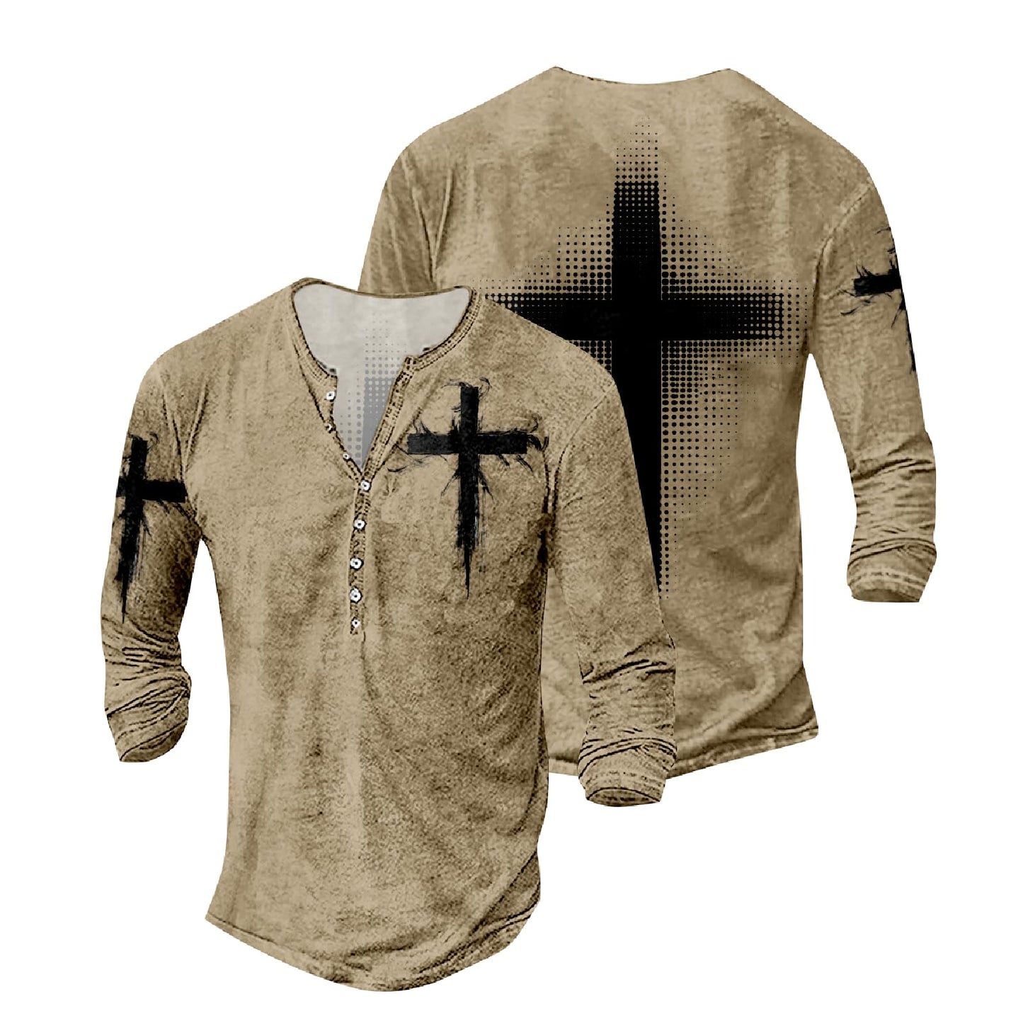 JiffPom Mens Christian Faith Long Sleeves Silky Henley Shirt Cool Jesus Cross Print Casual Button Down Polo Shirts