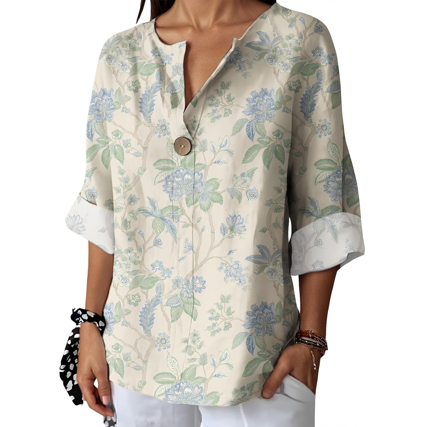 Befox Womens Spring Tops Business Vintage 3/4 Sleeve Boho Button Tunic Linen Blend Floral Printed V-Neck Summer T Shirts