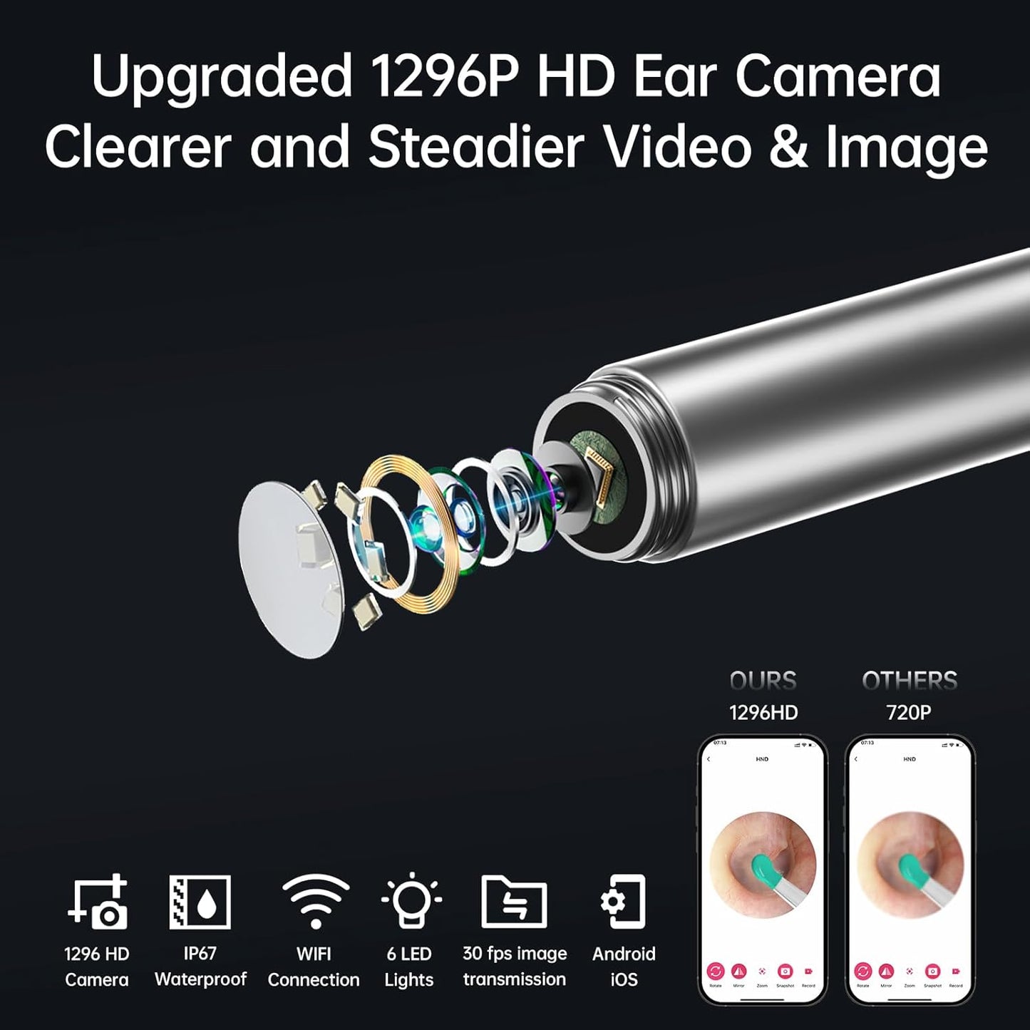 Kribee Ear Wax Removal Tool Camera, Ear Cleaner with Camera, Ear Wax Removal Kit with 1296P Camera, Ear Cleaning Kit, Ear Camera Otoscope with Light for iPhone, iPad, Android Phones - Black