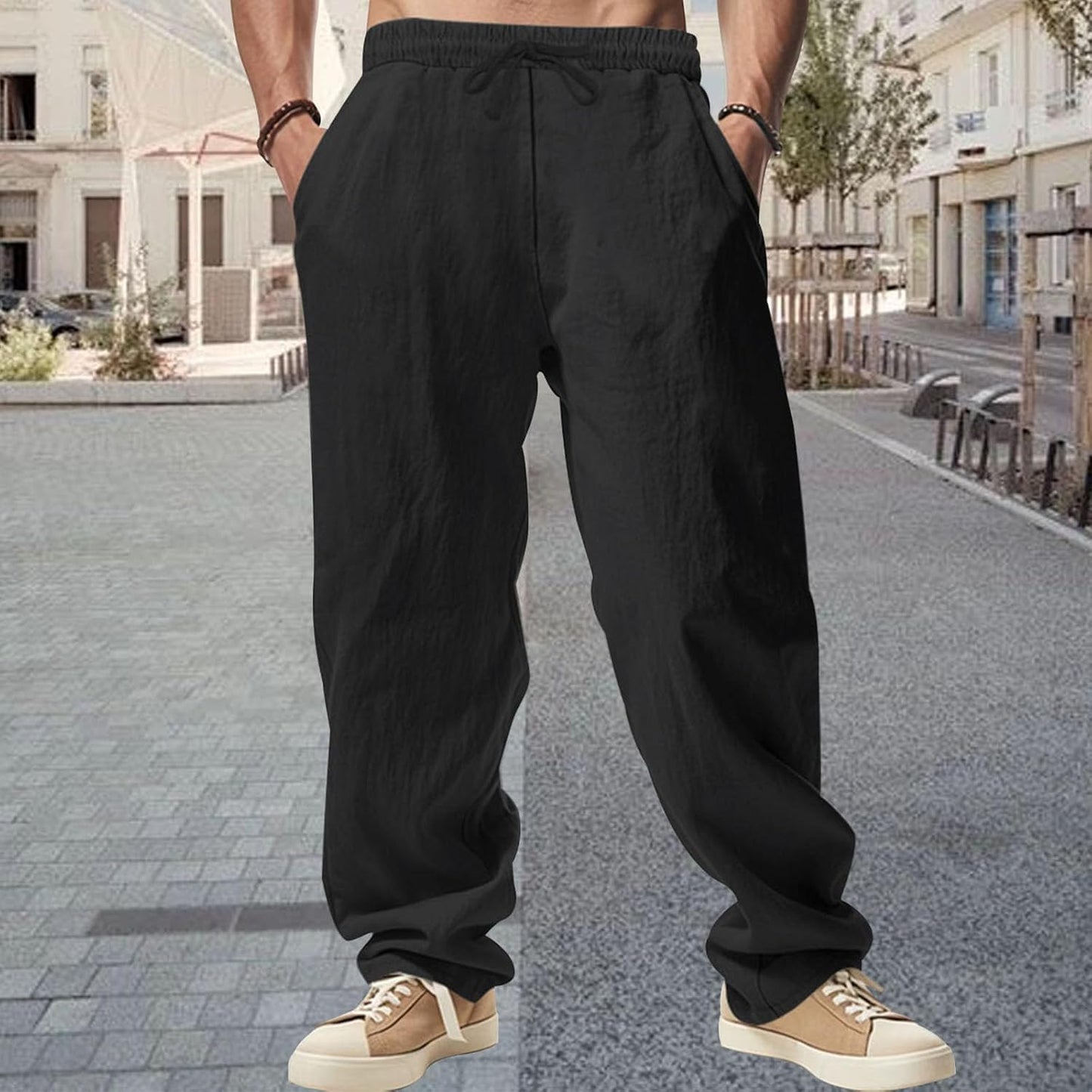 GYMTSL Mens Linen Pants Drawstring Baggy Casual Summer Trousers Straight-Legs Elastic Waist Beach Pants with Pockets