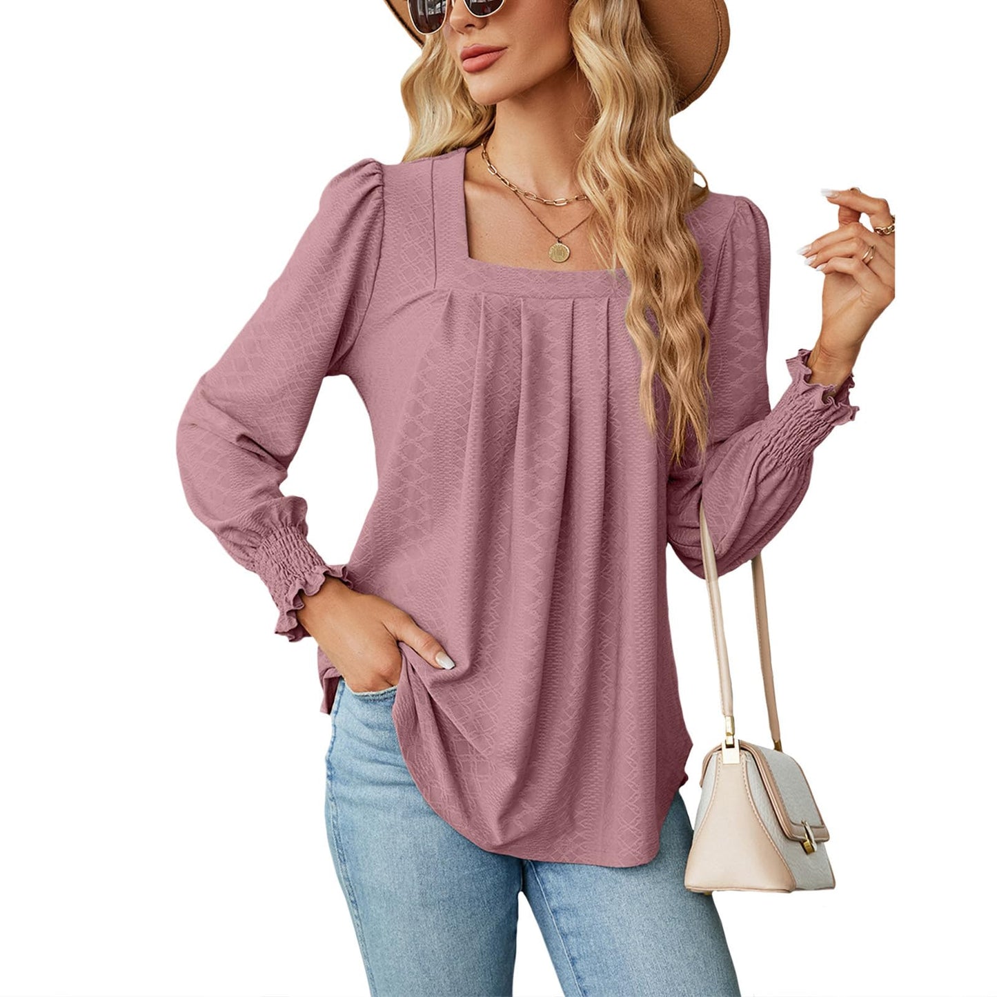 Befox Square Neck Pleated Tops for Women, Flowy Tunic Blouse Puff Sleeve Lightweight Loose Dressy Casual Pleated Shirt