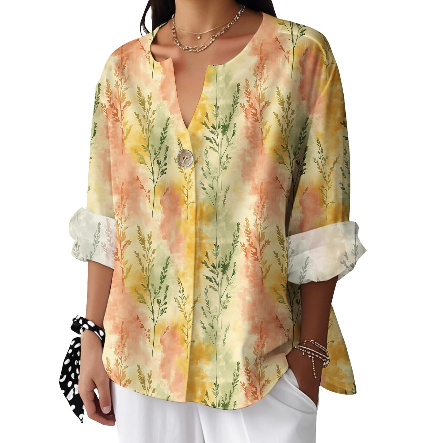 Reigee Hawaiian Shirts for Women 3/4 Sleeve Linen Shirts Floral Print Button V Neck Casual Loose Summer Graphic Tops Blouse