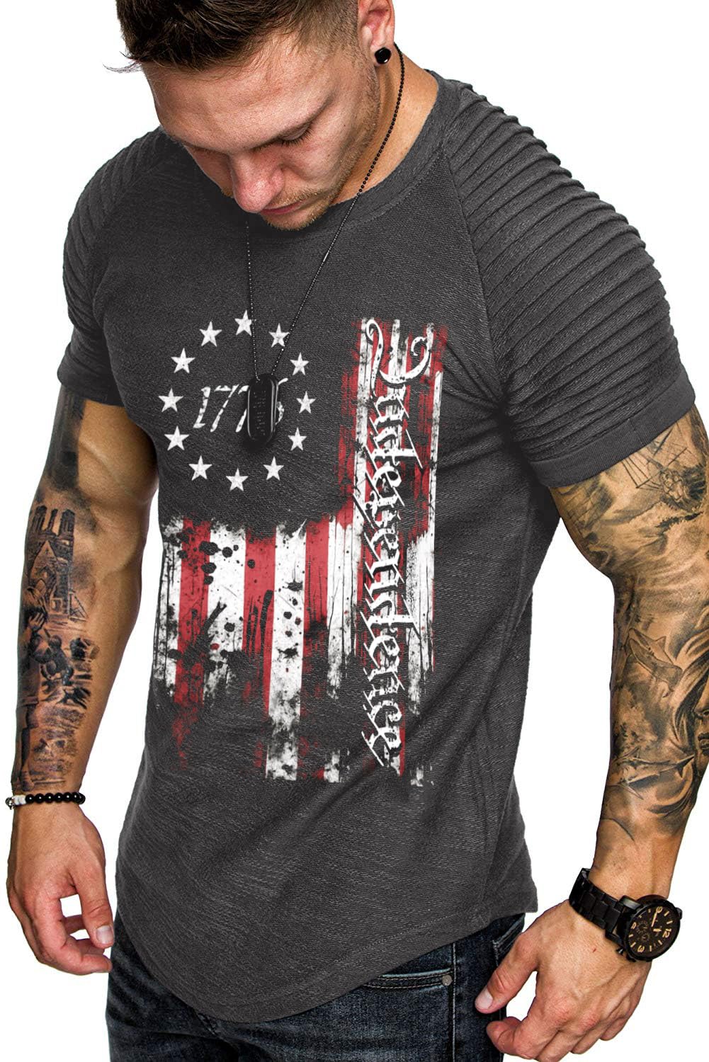TOFOX Men's Muscle T-Shirt Pleated Raglan Sleeve Bodybuilding Gym Tee Short Sleeve Fashion Workout Shirts Hipster Shirt