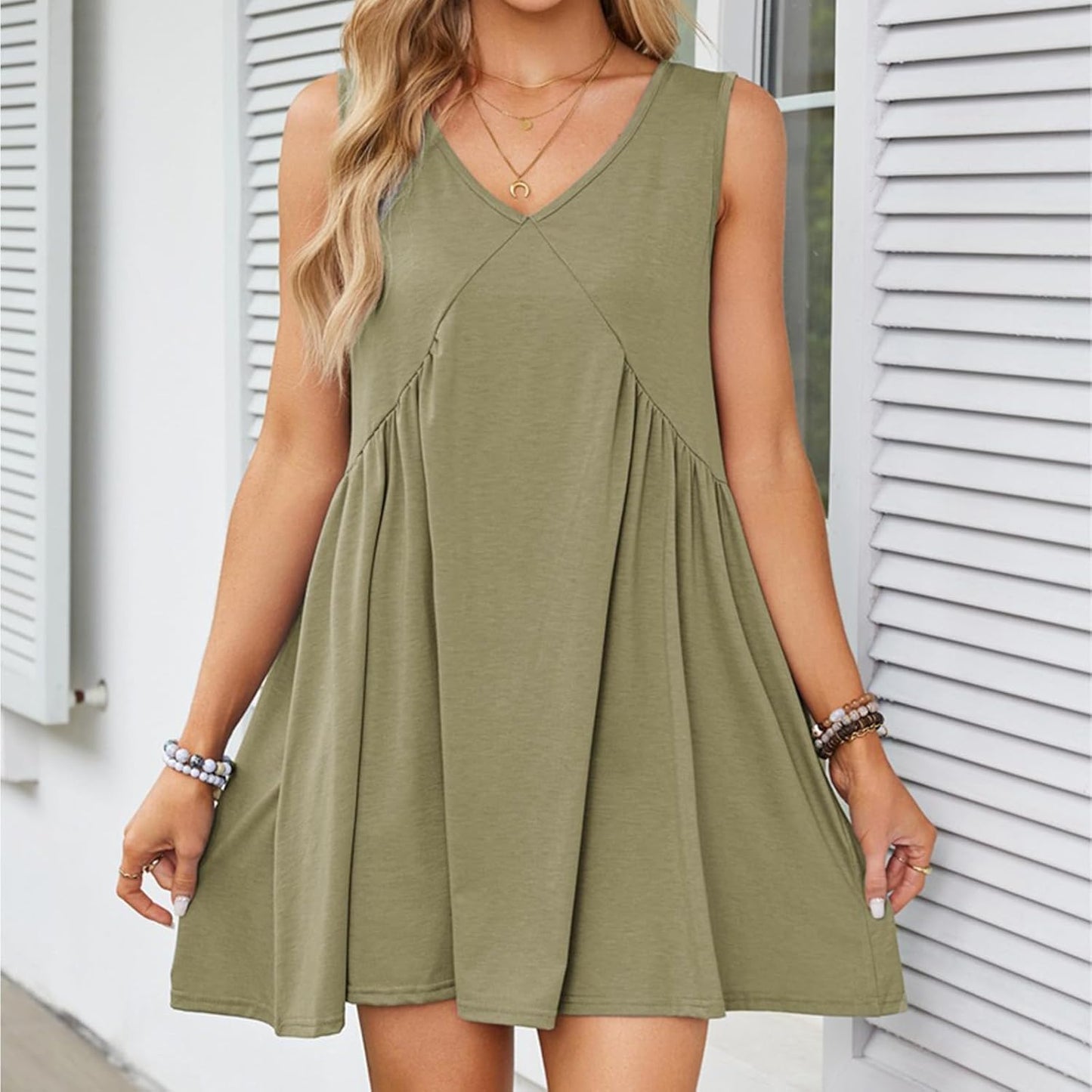 NAILONG Babydoll Mini Dress for Women, Pleated Flowy V Neck Tank Sleeveless Summer Swing Casual Beach Vacation Sun Dress