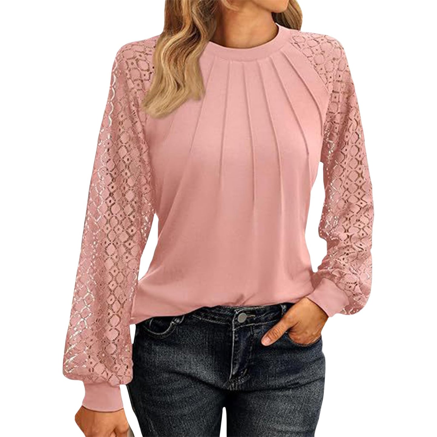 GYMBULL Lace Sleeve Tops for Women Pleated Crew Neck Shirt Dressy Casual Spring Fall Fashion 2026 Trendy Pleated Blouse