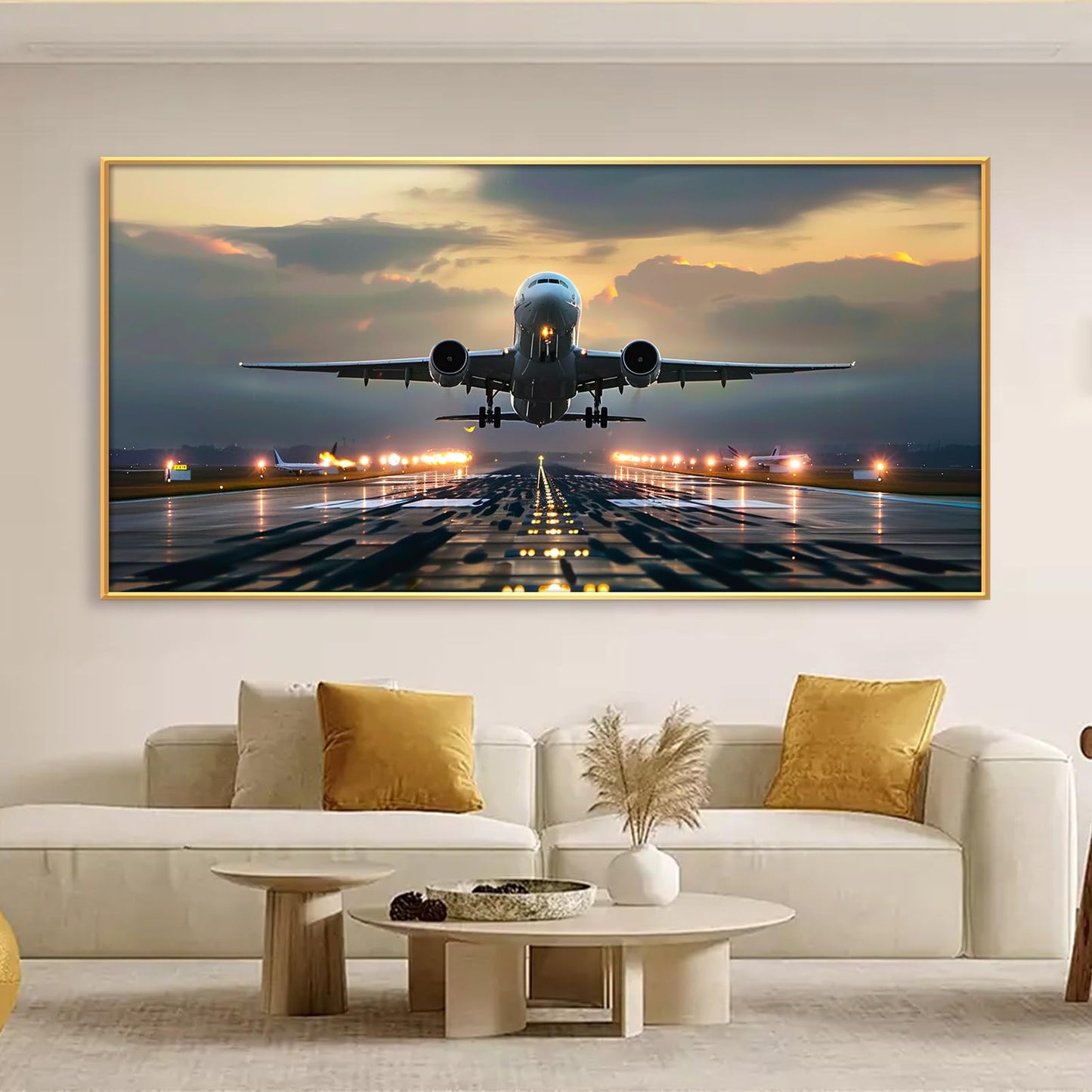 JiffPom Airplane Canvas Wall Art, Taking Off, Aircraft, Aviation, Airport, Airplane Pictures, Home Office Decor, Pilot Gift (Black Frame, 39"x19" | 100x50cm)