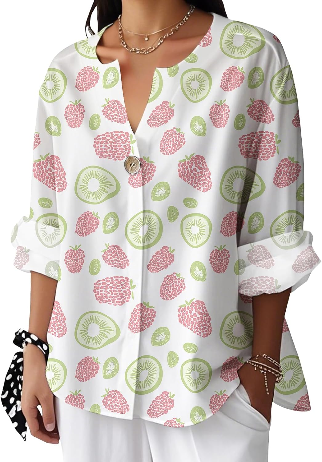 Reigee Hawaiian Shirts for Women 3/4 Sleeve Linen Shirts Floral Print Button V Neck Casual Loose Summer Graphic Tops Blouse
