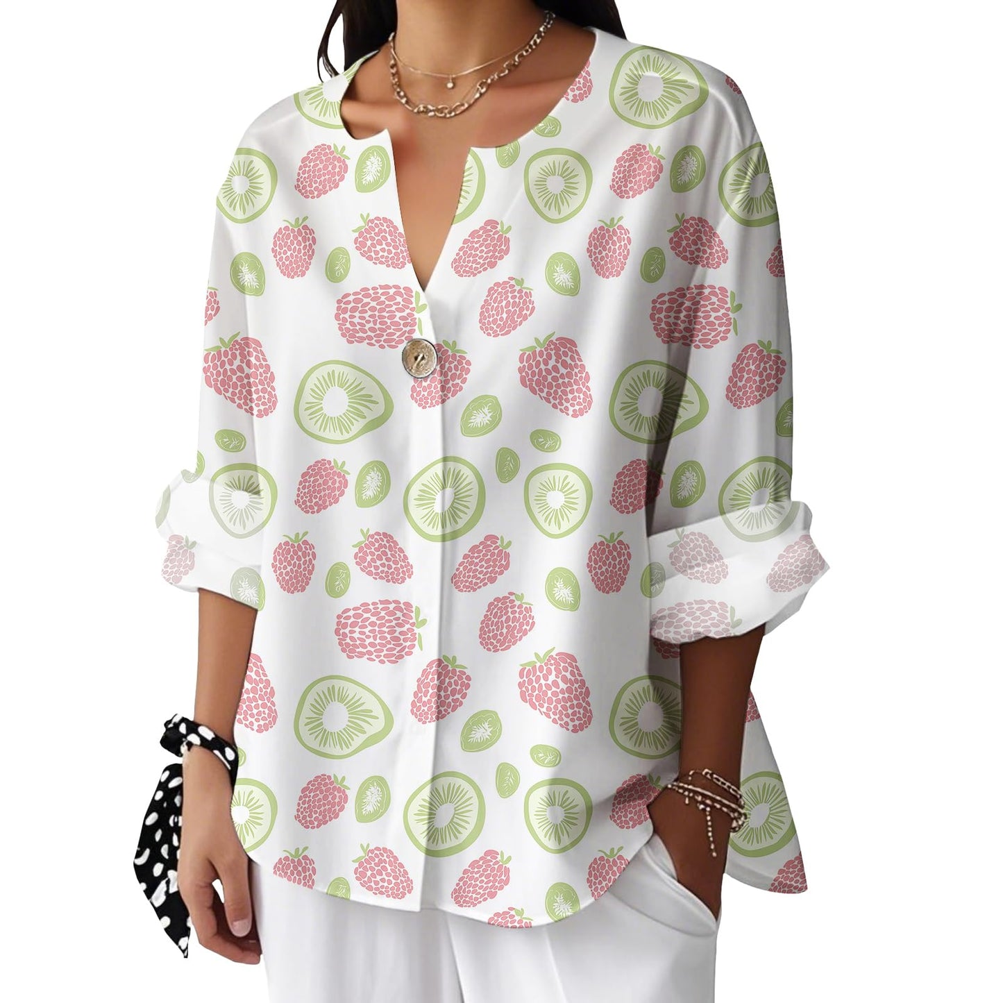 Reigee Hawaiian Shirts for Women 3/4 Sleeve Linen Shirts Floral Print Button V Neck Casual Loose Summer Graphic Tops Blouse