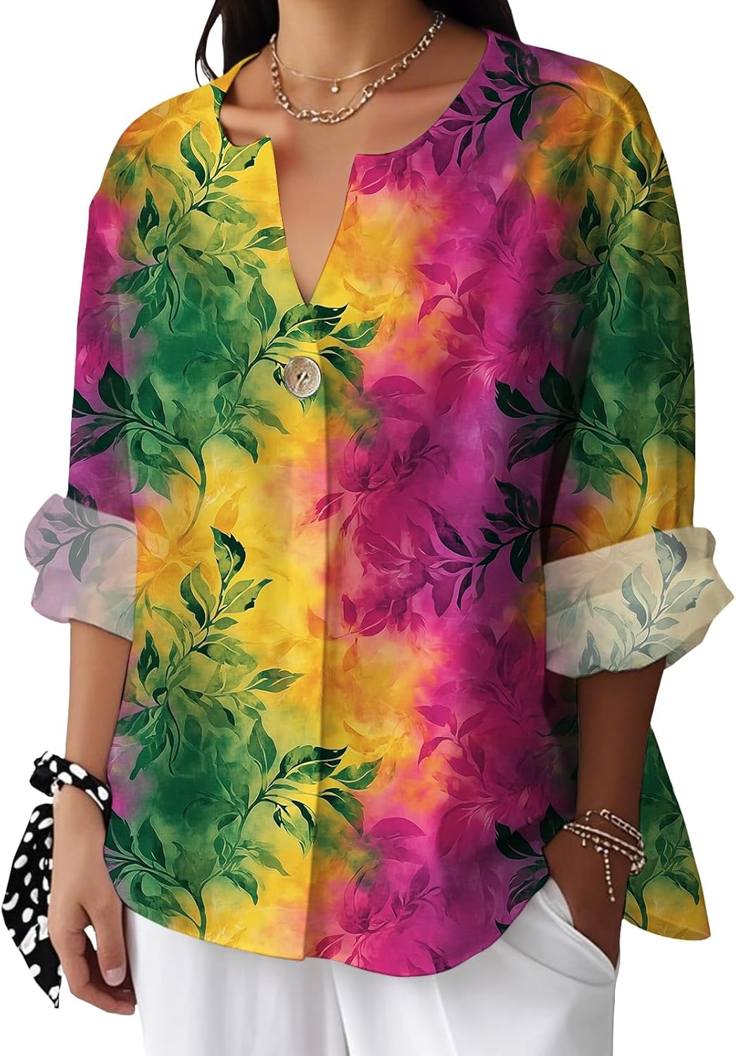 Reigee Hawaiian Shirts for Women 3/4 Sleeve Linen Shirts Floral Print Button V Neck Casual Loose Summer Graphic Tops Blouse