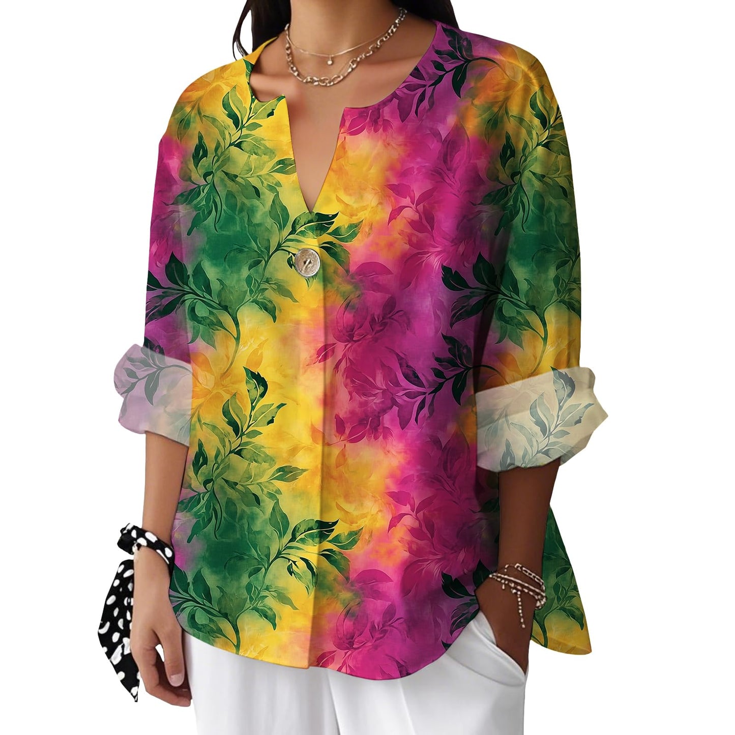 Reigee Hawaiian Shirts for Women 3/4 Sleeve Linen Shirts Floral Print Button V Neck Casual Loose Summer Graphic Tops Blouse