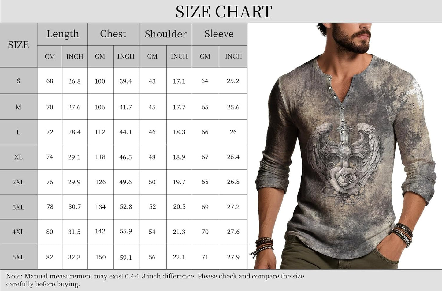 JiffPom Distressed Henley Tshirts for Men Pullover Long Sleeve Button Up T-Shirts Vintage Graphic Tees Washed Streetwear Tops