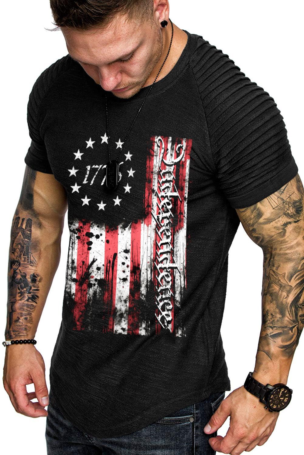 TOFOX Men's Muscle T-Shirt Pleated Raglan Sleeve Bodybuilding Gym Tee Short Sleeve Fashion Workout Shirts Hipster Shirt